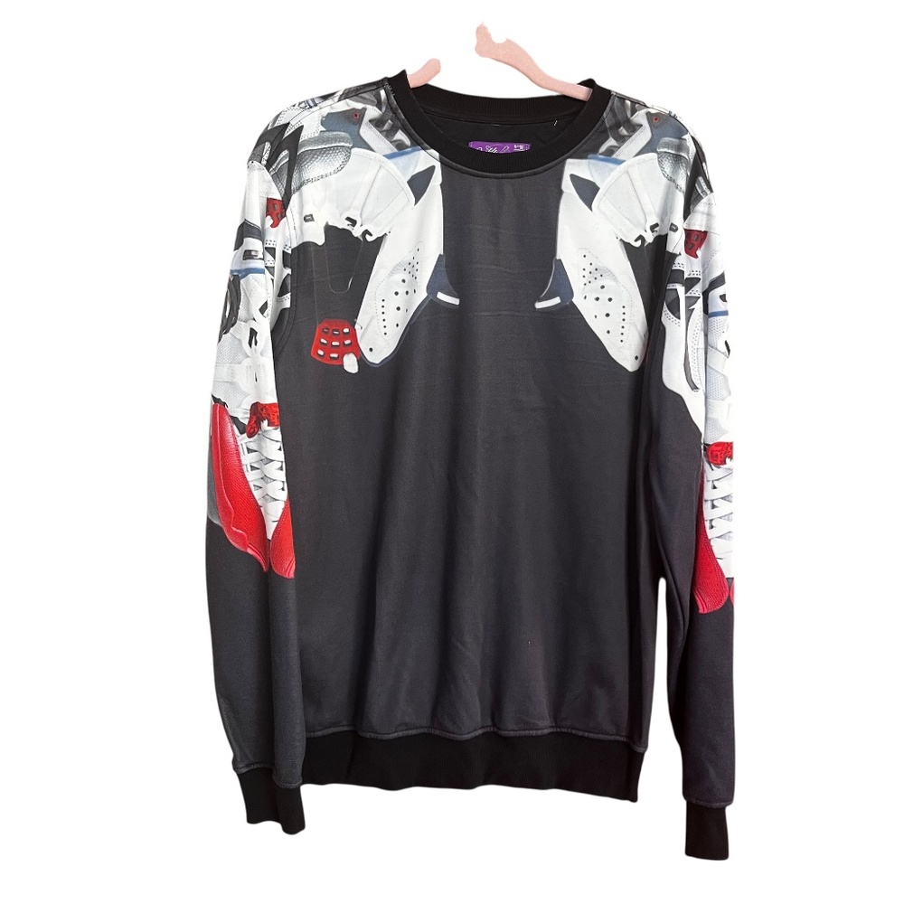 Double Needle Black Multi Deconstructed Athletic Shoe Graphic Sweatshirt SZ XL